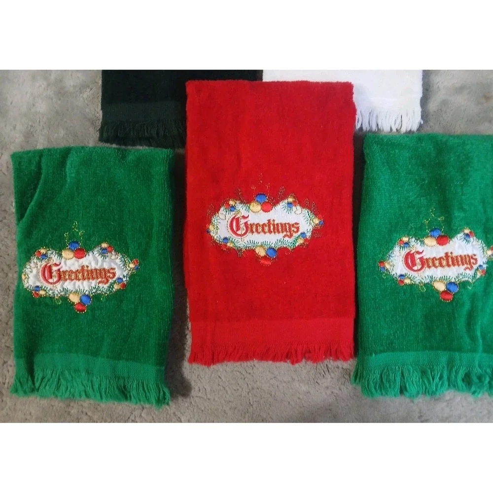 Vtg 5 Christmas Guest Towels Terry Embroidered Greetings Noel‎ Poinsettia READ